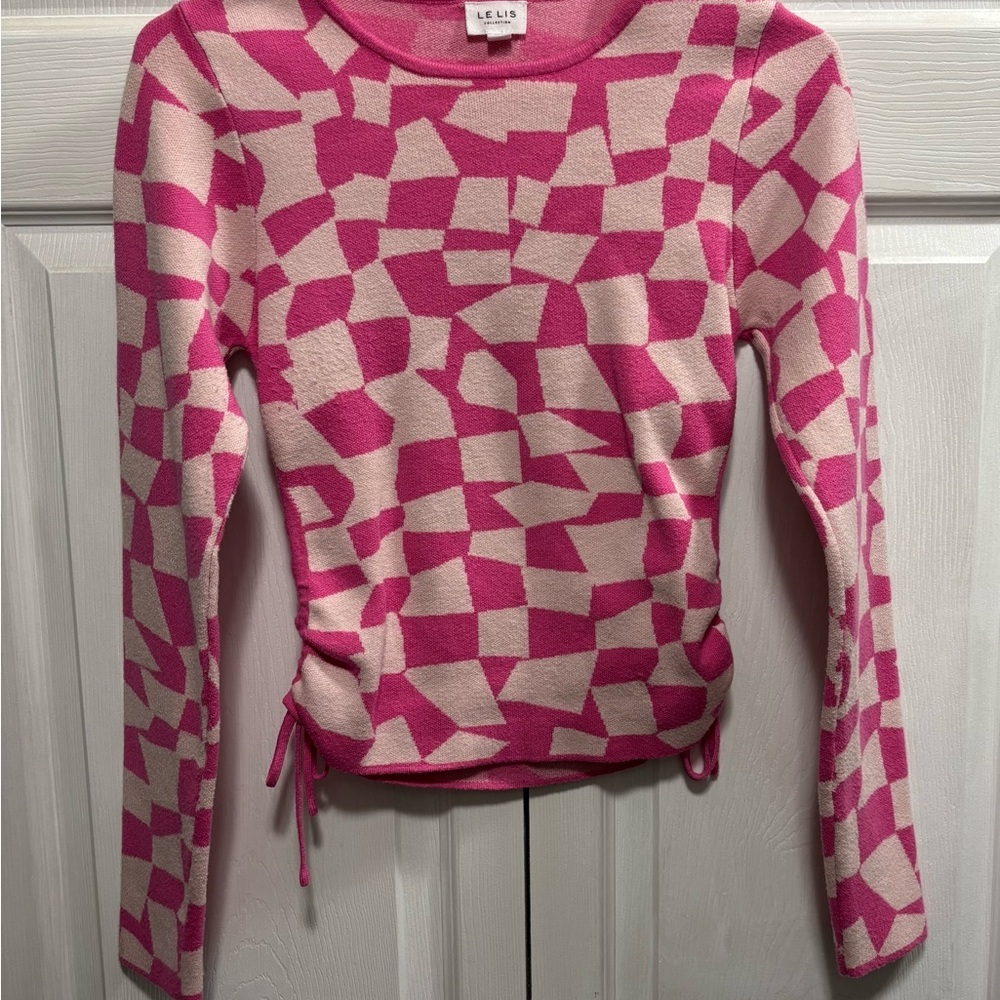 Le Lis Pink and Cream Abstract Long Sleeve Sweater with Adjustable Side Ties
